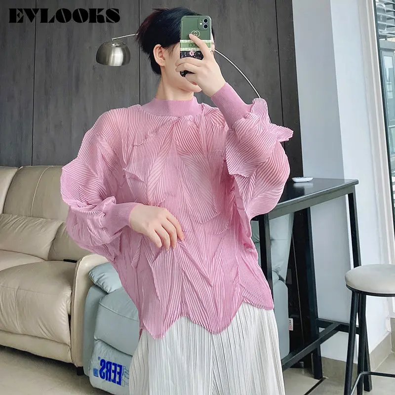 

EVLOOKS Women Issey Miyake Pleated Irregular Elegant T-shirt Fold Chic New Turtleneck Long Sleeve Fashion Spring Summer L241