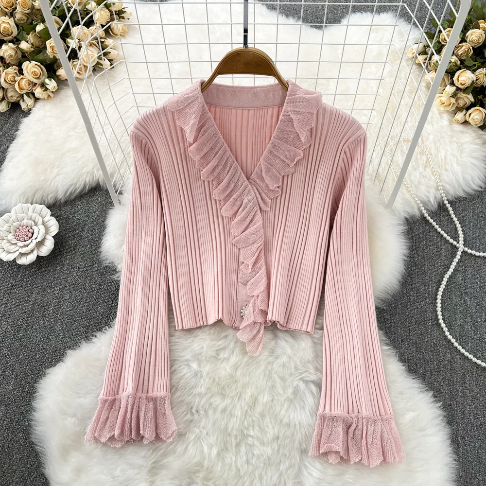 

Женский трикотажный пуловер с оборками, винтажный свитер с V-образным вырезом и длинным рукавом, элегантный укороченный топ в Корейском сти...