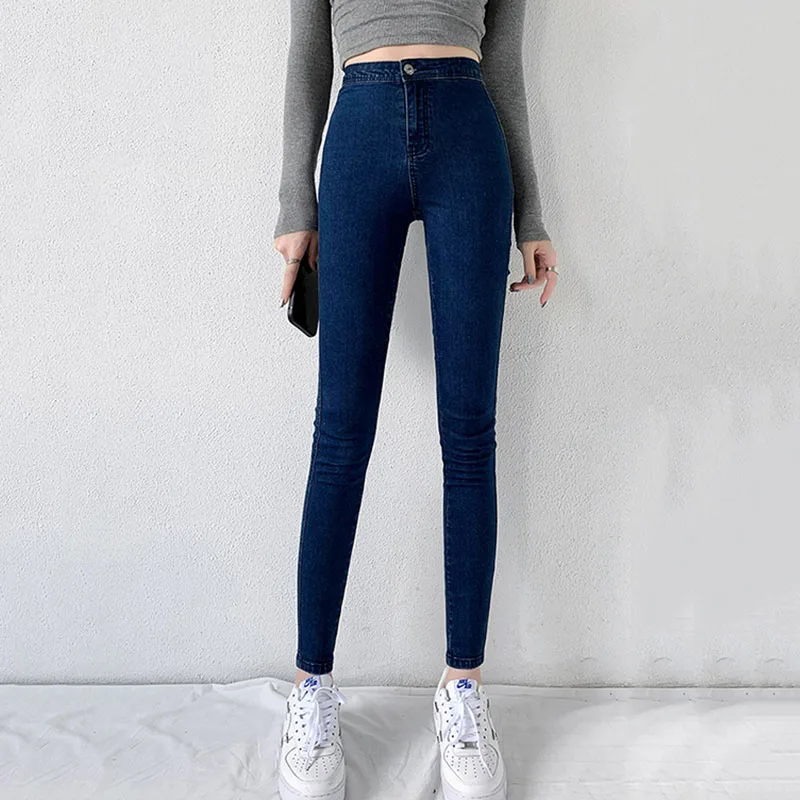 

Fashion 2022 Spring Skinny Ankle-Length Pencil Denim Pants For Women High Waist Stretch Slim Summer Blue Chic Vintage Jeans