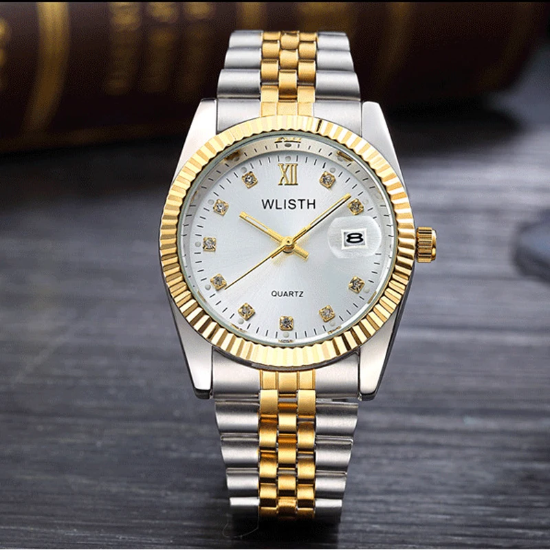 Wlisth Luxury Gold Watch Lady Men Lover Full Stainless Steel Quartz Waterproof Male Wristwatches For Man Analog Auto Date Clock