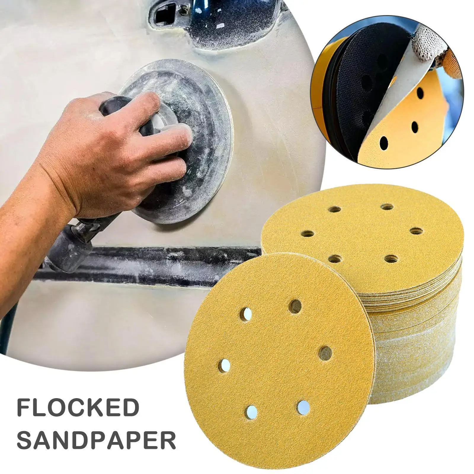 

100pcs 6 Inch 6 Hole Flocking Sandpaper Air Grinder Self-Adhesive Back Sandpaper Sanding Polishing Woodwork Dry Grinding Ve P4N8