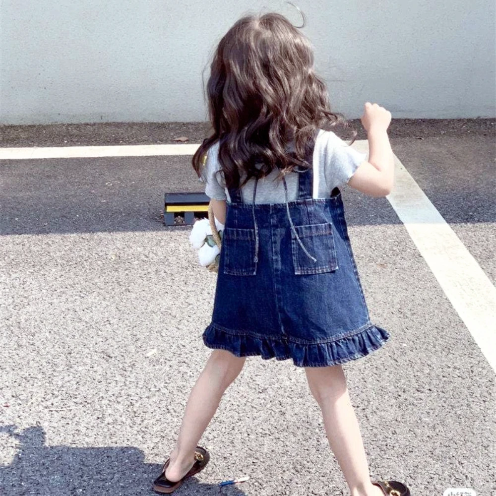 Girls Dress Denim Skirt Baby Girl Summer Casual Short-sleeved Vest + Suspender Skirt New Children's Clothing