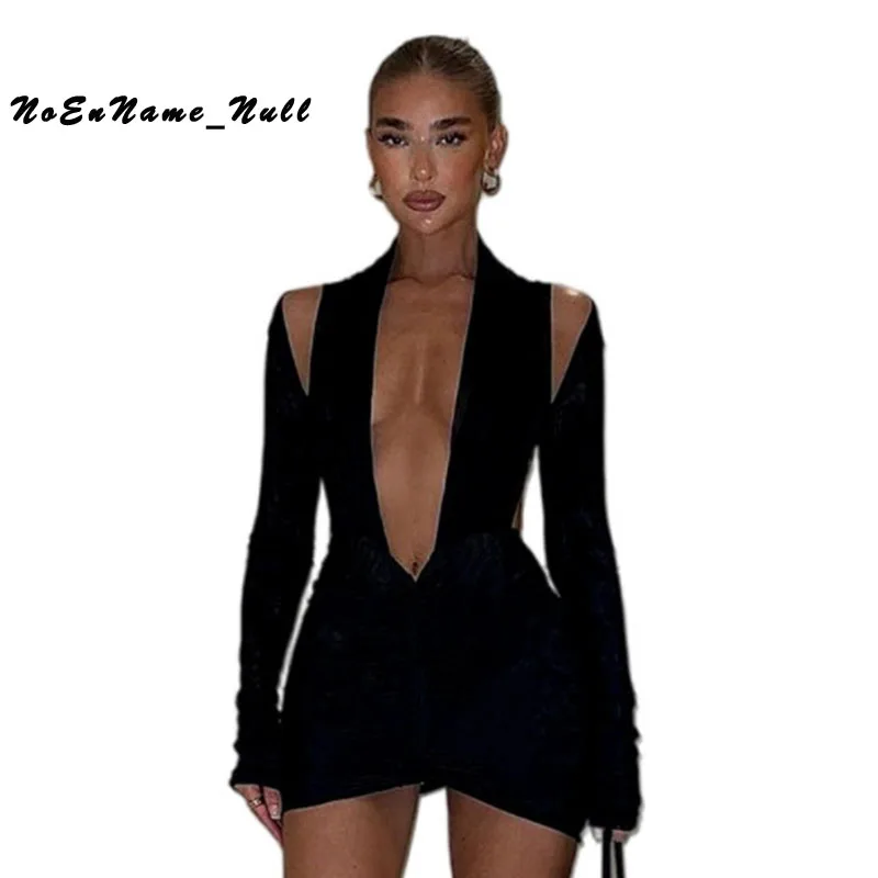 

Charming Mini Dress Women Sheath Cut Off Hollow Out Cleavage Black Long Sleeve Hanging Neck Fold Backless Sexy Party Clubwear