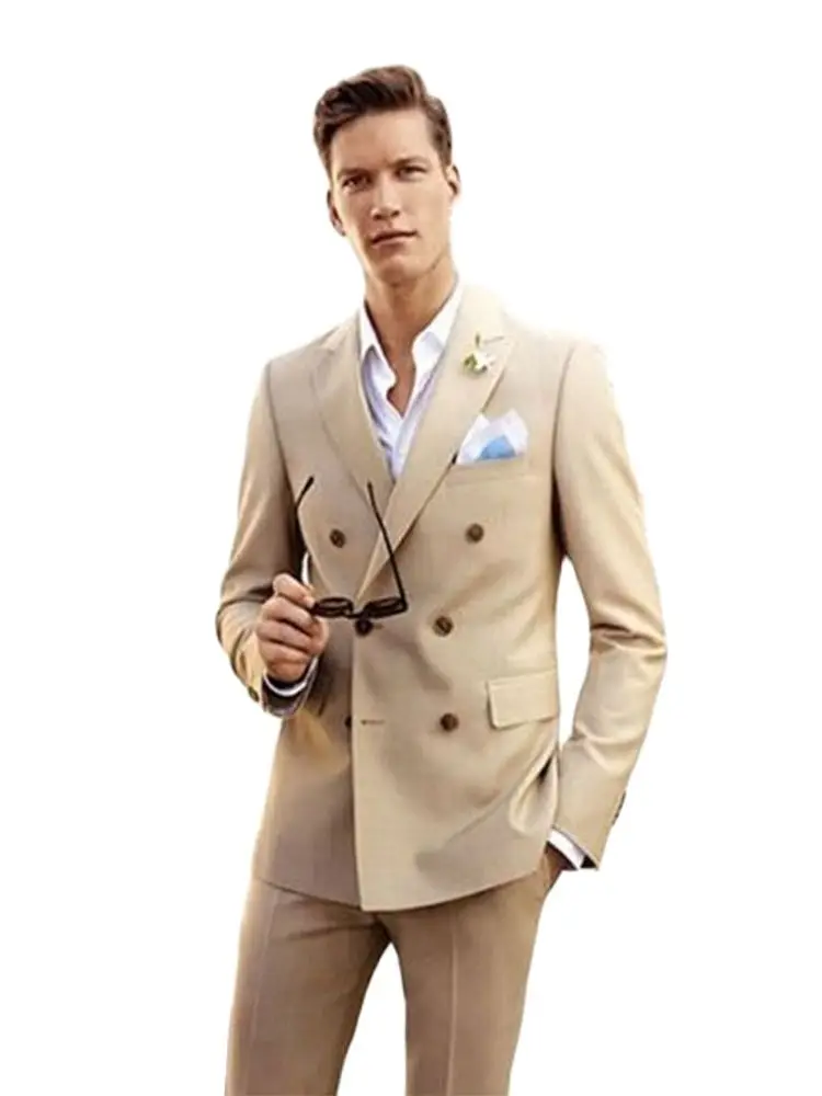 

Мужские костюмы цвета шампанского, 2 шт., Двубортный повседневный смокинг, индивидуальный пошив, блейзер, брюки, Молодежный повседневный раб...