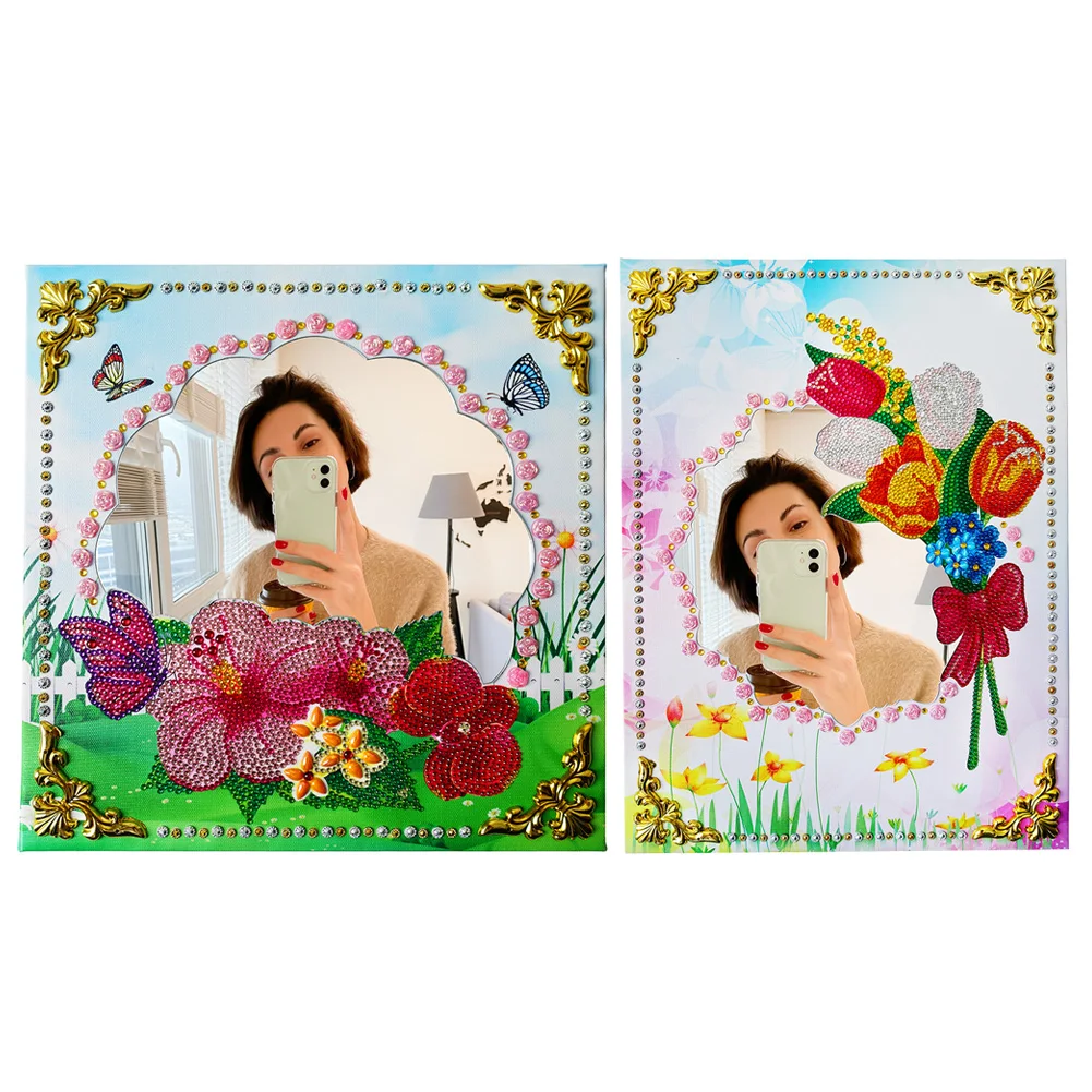

Flowers Diamond Painting Makeup Mirror DIY Rhinestone Mosaic Craft Ultra-thin Compact Mirrors Handmade Gift