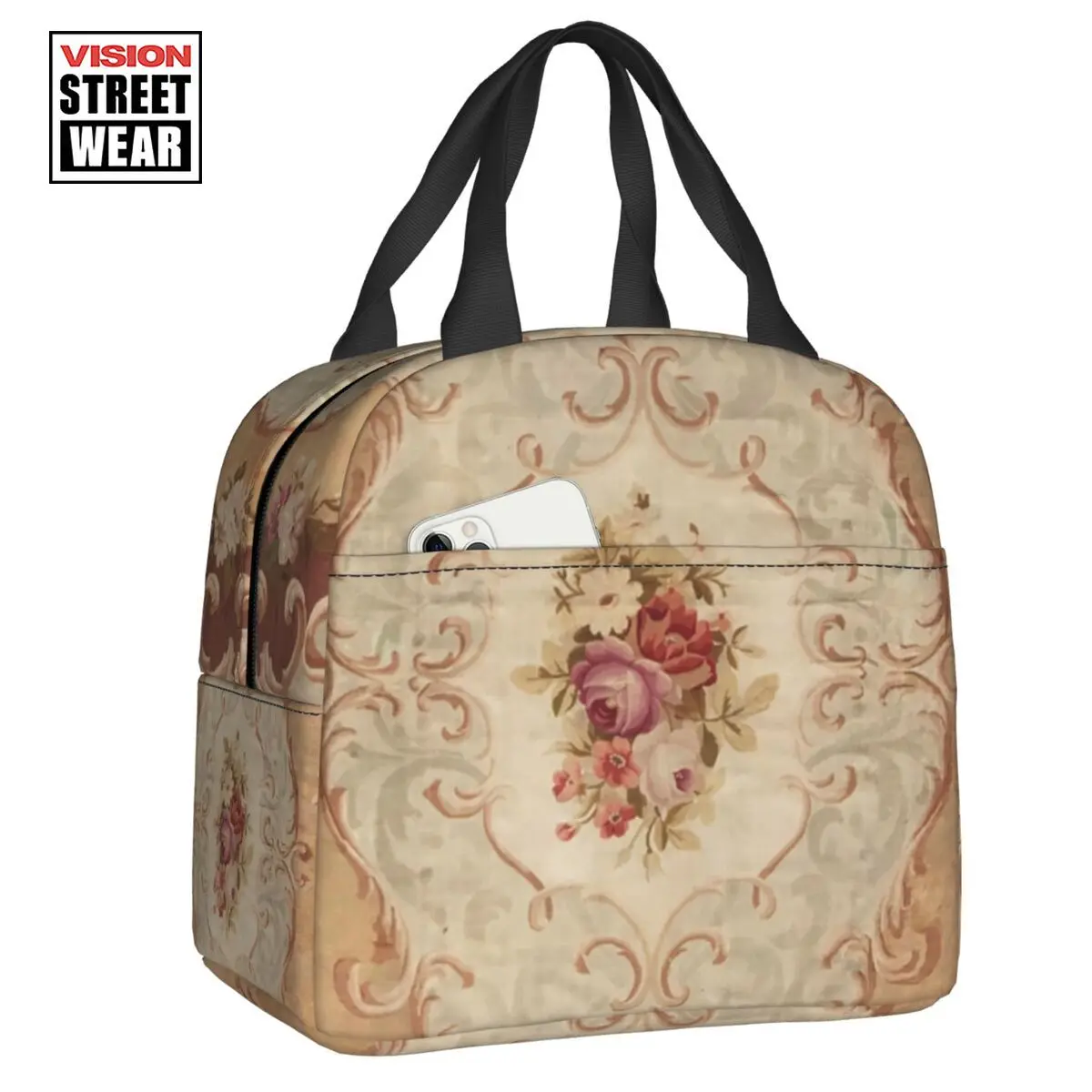 

Antique Rose Floral French Aubusson Rug Print Insulated Lunch Bags Work School Portable Thermal Cooler Lunch Box Women Children