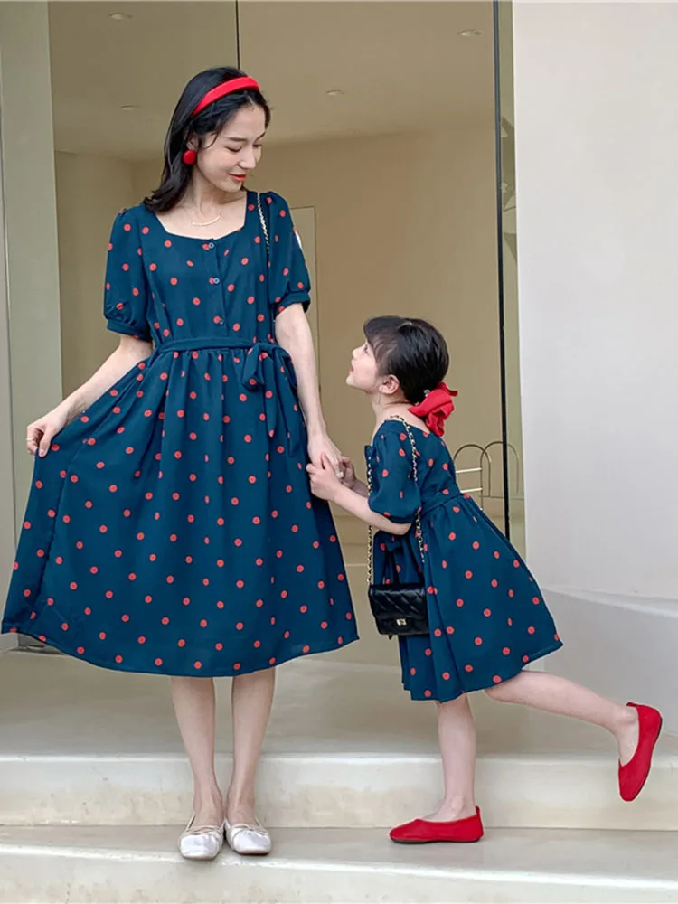 

High-quality Polka Dot Ins Dress French Retro Net Red Long Skirt Chiffon Printed Skirt Mother and Daughter Dresses Summer 4-6y