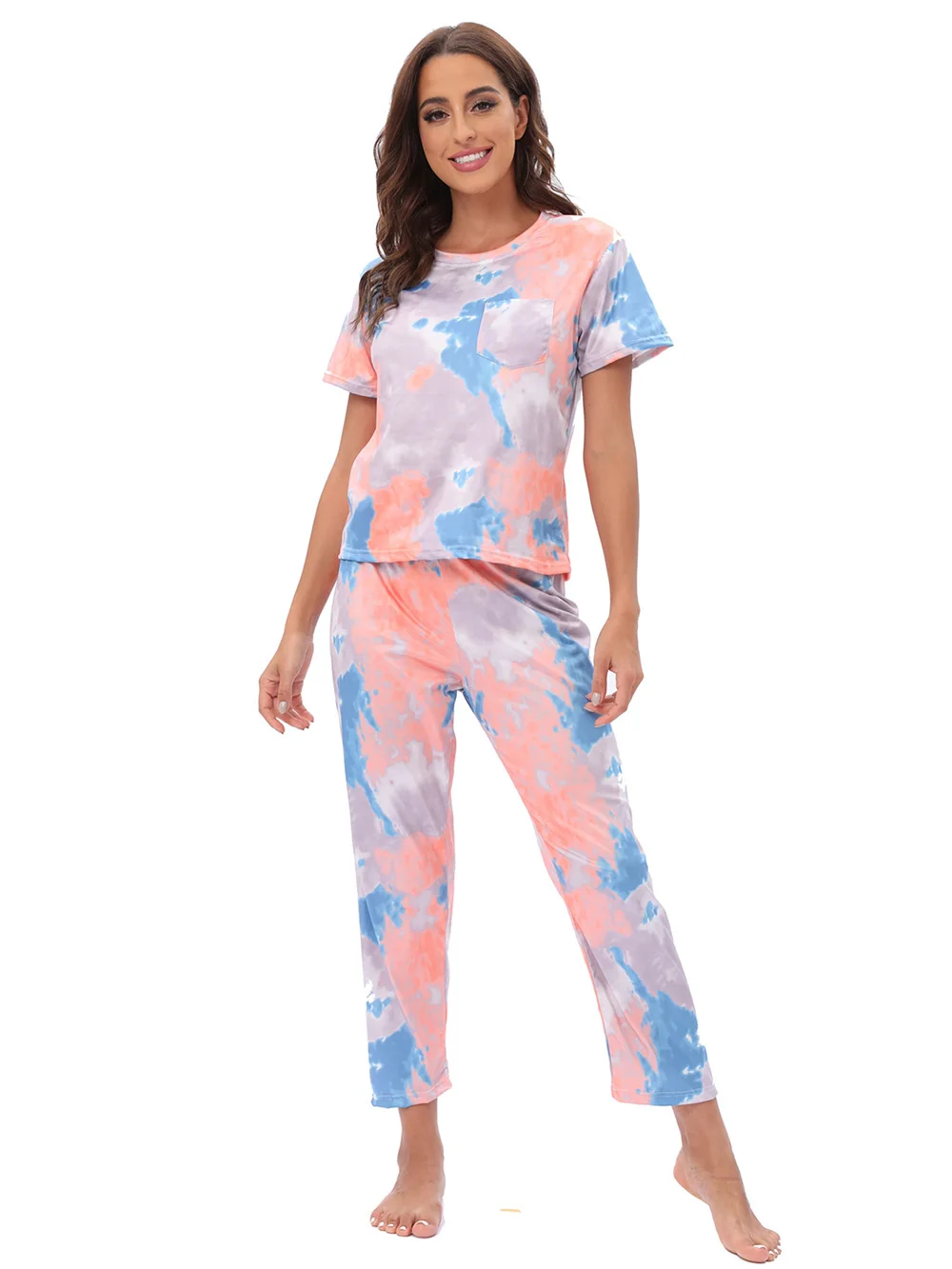 Women's Two-Piece Pajama Set Tie-Dye Printed Long Casual Set Short Sleeve Top and Pants Pajama Loose Leisure Homewear