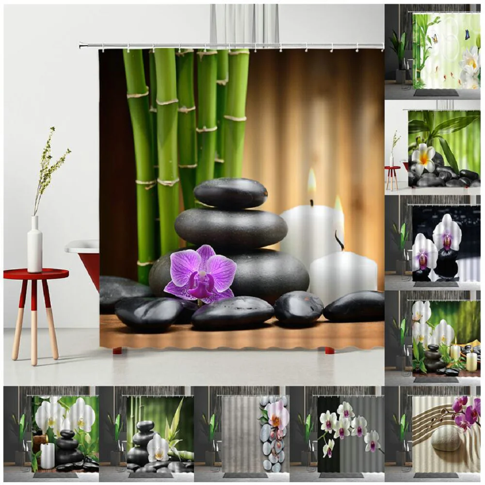 

Beautiful Scenery Shower Curtain 3D Printed Zen Stone Candle Flower Pattern Polyester Fabric Home Decor Waterproof Cloth Curtain