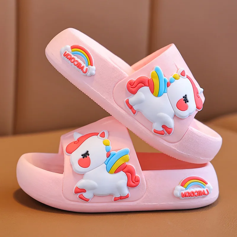 

Summer Kids Home Shoes Flip Flops Baby Girls Slippers for Children Cartoon Unicorn Bathroom Antislip Thick Sole Slides 2-8 Years