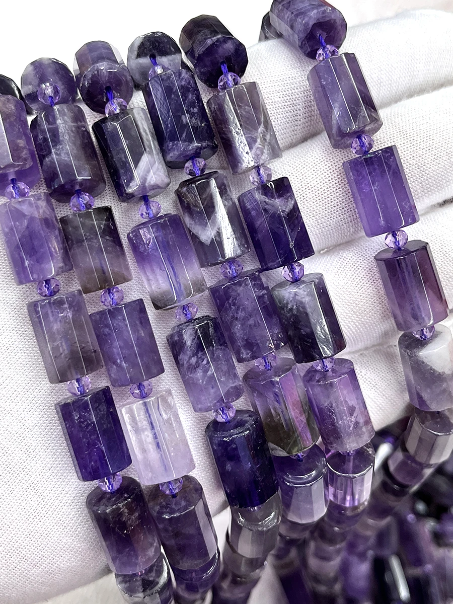 

Natural Dog Tooth Amethyst Cylindrical Stone Section Beads Faceted Loose Spacer For Jewelry Making DIY Necklace Bracelet 15''
