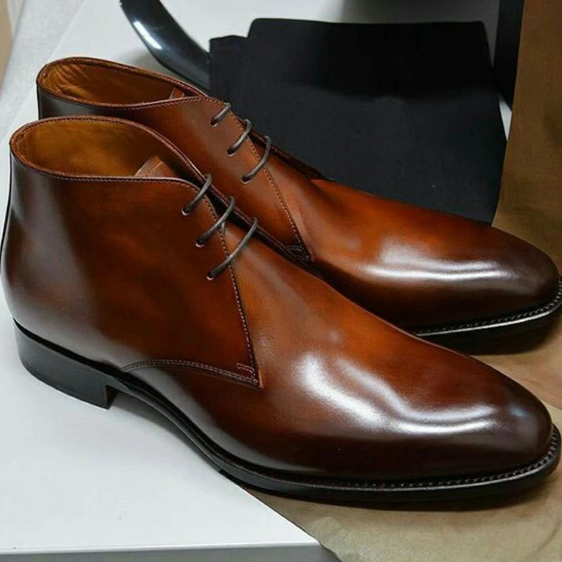 Ankle Boots Brown Black Blue Motorcycle Boots Lace Up Busine