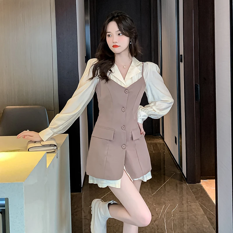 

Реальное фото, Новинка осени 2022, высококачественное платье-рубашка и жилет на пуговицах для знаменитостей, комплект из двух предметов