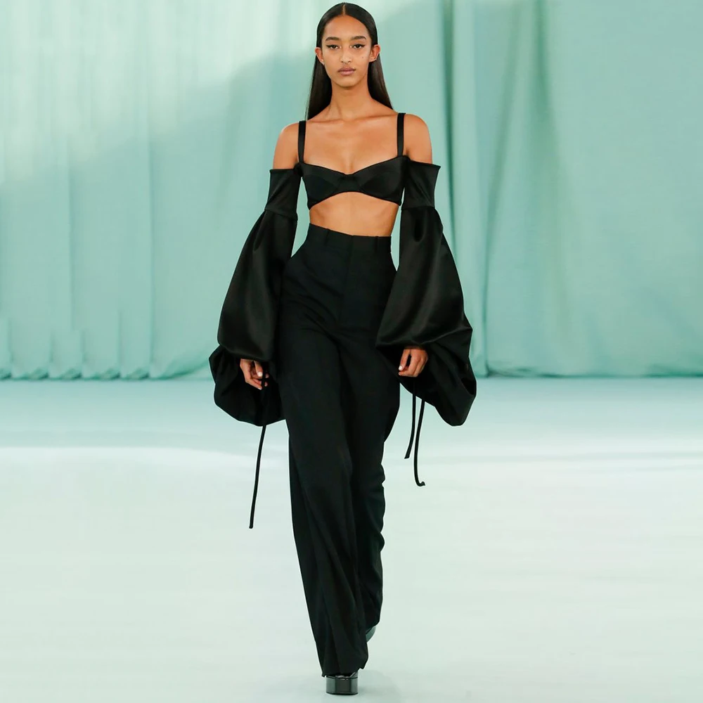 

2022 New Summer Women's 2 Piece Puff Sleeve Crop Top High Waist Wide Leg Pants Sexy Black Off Shoulder Two Piece Set