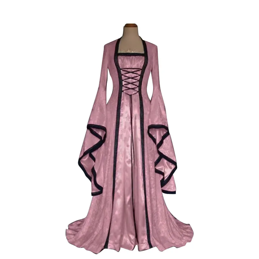 

Halloween Carnival Ball Gown Pink Black Velvet Dress Mid-century Literary Vintage Stage Performance Elegant Long Dress Cosplay