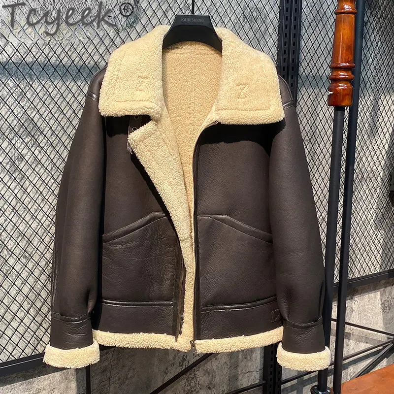 

Tcyeek Real Fur Coat Men Genuine Leather Jacket Natural Sheepskin Coats Flight Suit Leather Jacket Men's and Women's Jackets SGG