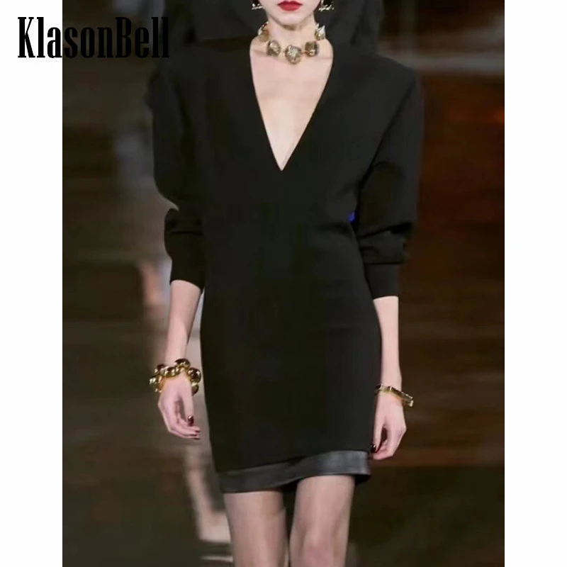 7.2 KlasonBell Runway Fashion V-Neck Long Sleeve Shoulder Pads Collect Waist Mini Dress Women