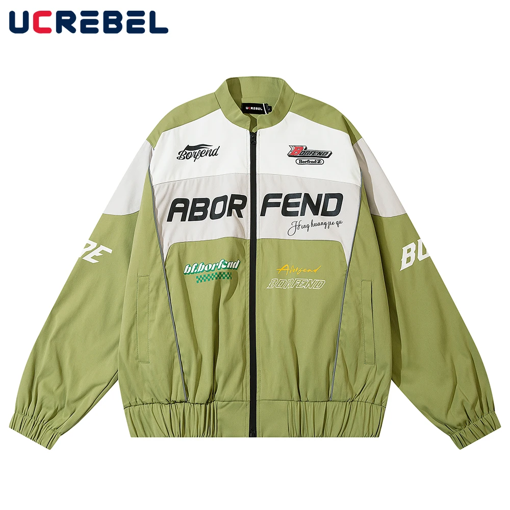 

Letter Print Motorcycle Jacket Mens Autumn Winter Color Block Stand Collar Loose Casual Racing Style Long Sleeve Outerwear Men