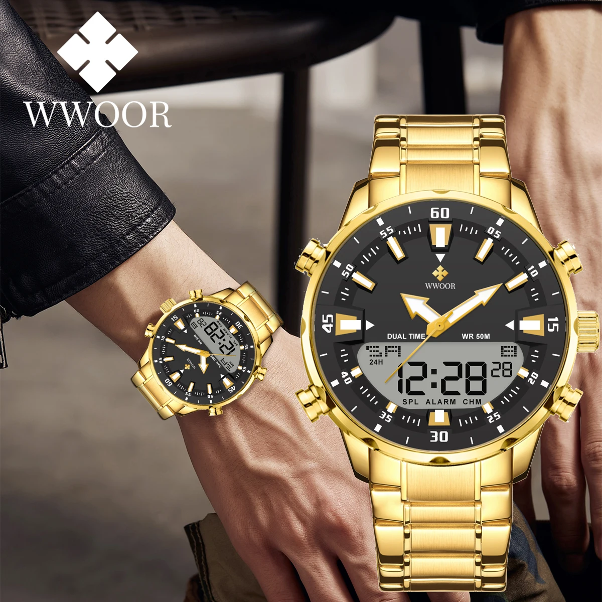 Мужские водонепроницаемые кварцевые часы с хронографом и будильником