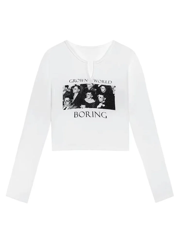 QWEEK Y2K Grunge Graphic Tees Gray Crop Top Women Korean Style Long Sleeve Sexy Slim White Tshirts Vintage Streetwear T Shirt