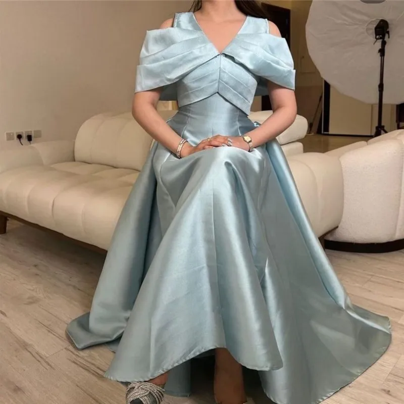 

AsaNagi Light Blue Satin Women Evening Dresses V Neck Off The Shoulder Vintage Dubai Saudi Arabic Formal Party Occasion Gowns