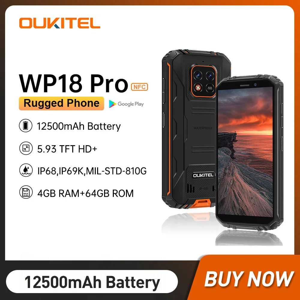 Oukitel WP18 Pro 12500mAh Rugged Smartphones 4GB RAM 64GB ROM Unlocked Mobile Phone Android 12.0 5.93Inch Waterproof Cellphones