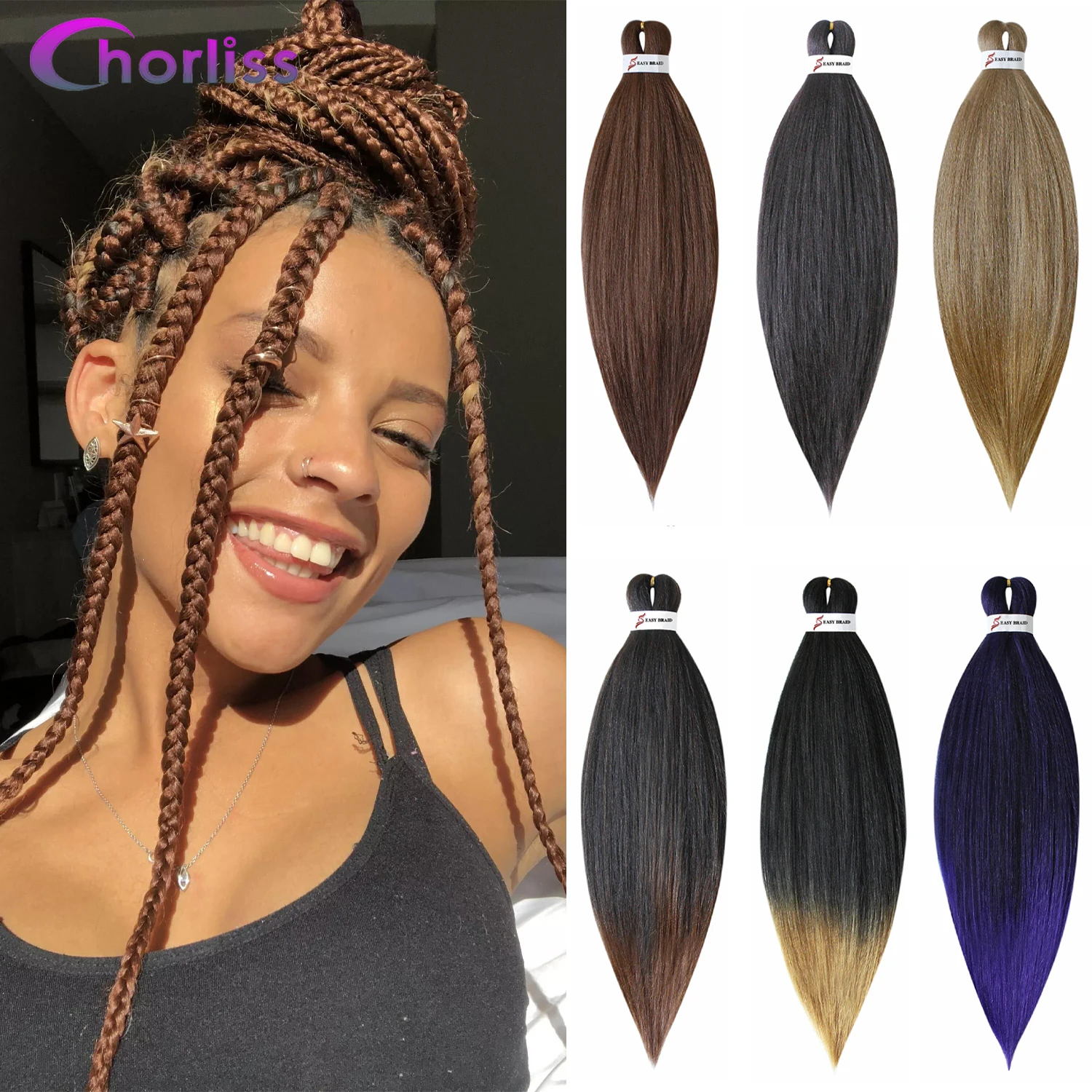 

26" Ombre Easy Crochet Braiding Hair Extensions Synthetic Yaki Straight Pre Stretched Jumbo Box Braids Black Pink For Women Kids