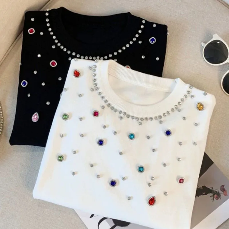 Женская одежда шикарные цветные футболки со стразами круглым вырезом и коротким