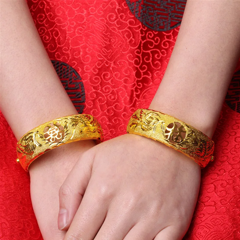 

Chinese Traditions Wedding Bracelet Plated 24K Gold Opening Fuxi Dragon Phoenix Imitation Gold Female Bride Wedding Jewelry Gift