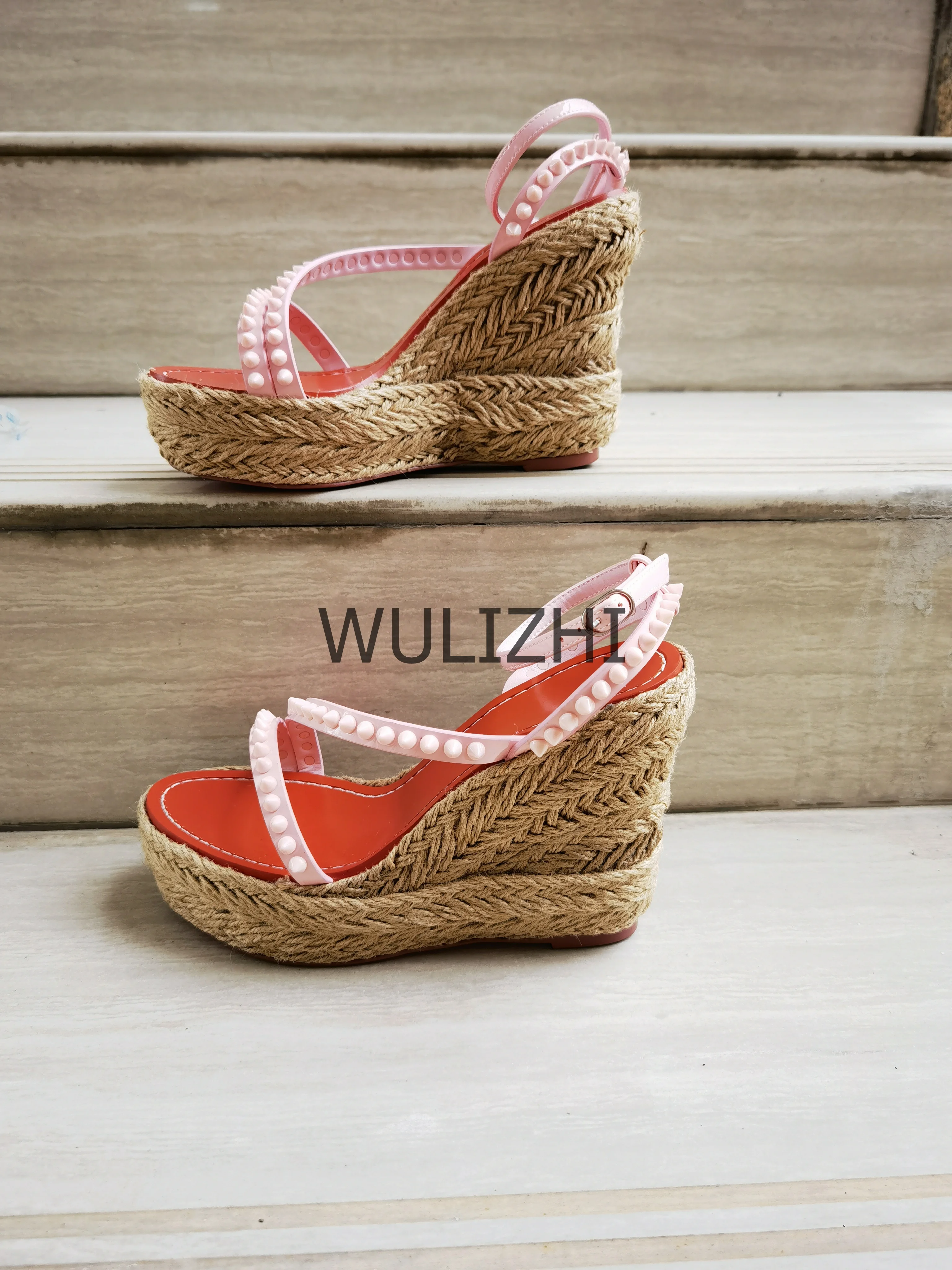 Women's Candy Color Rivet Design Wedge Sandals Summer Casual Open Slingback Platform Pink Yellow Sandals Cross Wrap Buckle Shoes