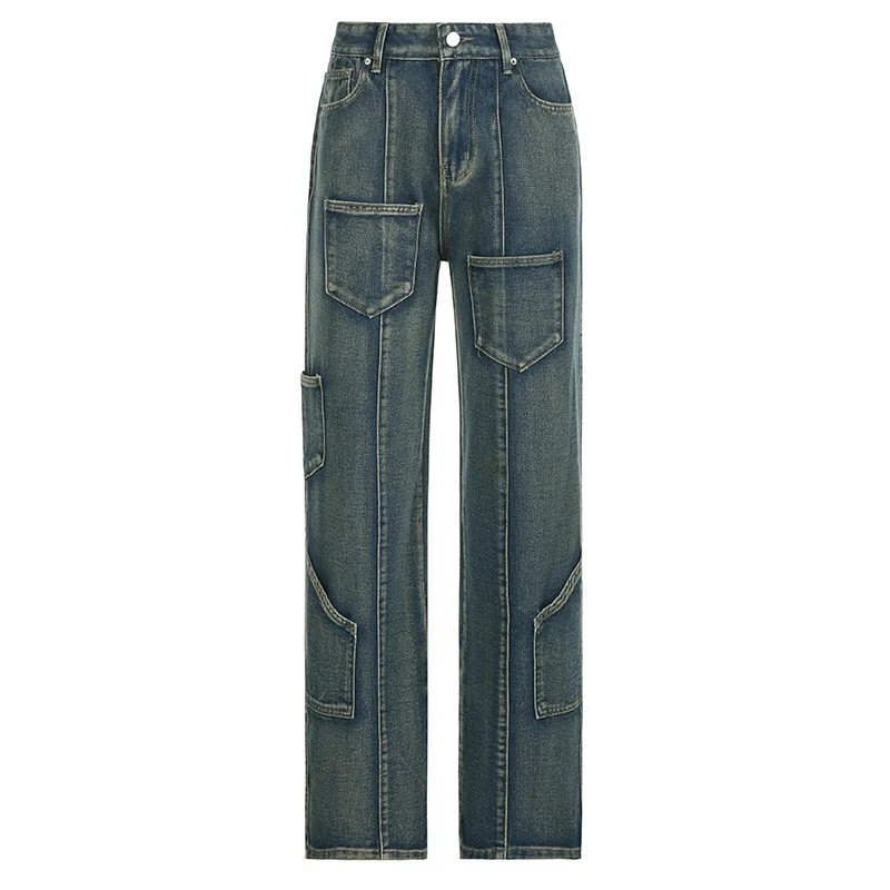 Streetwear Hip Hop Cargo Jeans Women Y2K Vintage Grunge Blue Denim Pants Oversize Retro Punk High Street Wide Leg Trousers