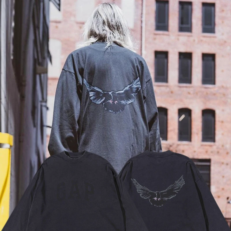 

Kanye West pigeon print high street oversize best quality Y2K 1:1 Heavy cotton fabric men's and women's long-sleeve T-shirt