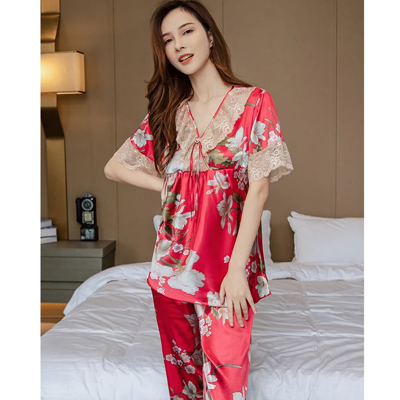 Ice Silk Pajamas Female Summer Short Sleeve Trousers Thin Style Sexy Silk Pajama Sweet Summer Satin Home Clothes Two-piece Set
