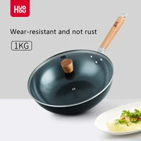 Huohou Non-coating Refined Iron Wok Wooden Handle Cookware Nonstick Frying Pan Evenly Heated Pot for Induction Cooker Gas Stove