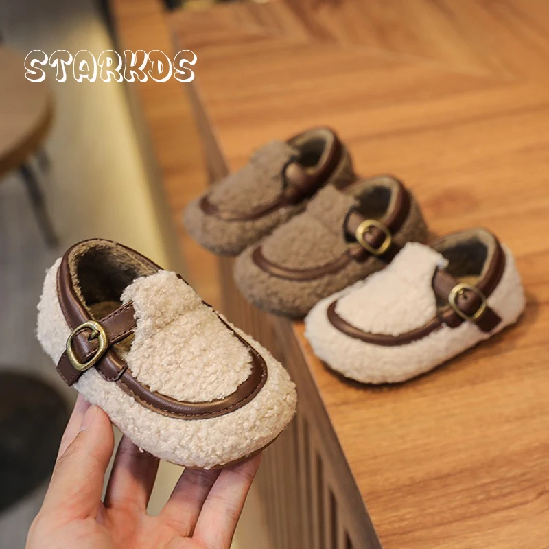Toddler Child Shearling Fleece Shoes Girl Warm Furry Loafers Baby Fashion Plush Ballet Flats With Metal Buckle Belt