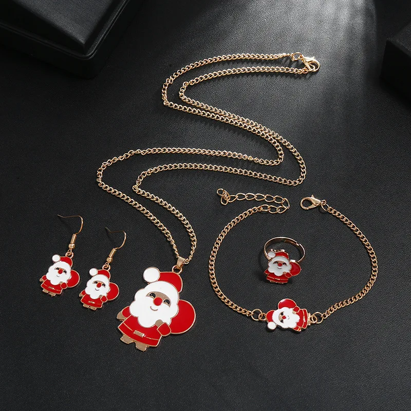 

European And American Christmas Necklace Set Lovely Santa Oil Dripping Alloy Ring Earring Bracelet Combination