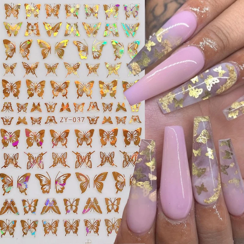 

Laser Gold Silver Butterfly Nail Sticker 3D Bronzing Butterfly Pattern Self Adhesive Transfer Sliders Decals DIY Nail Decoration