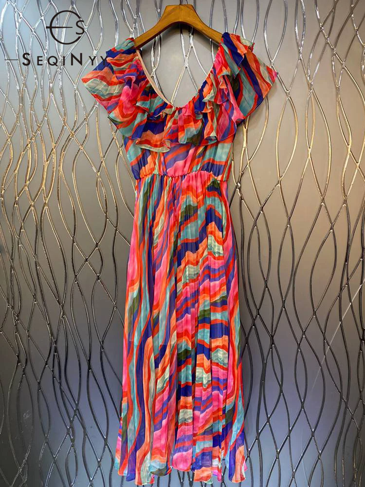 

SEQINYY Chiffon Midi Dress Summer Spring New Fashion Women Runway High Street Rainbow Print Ruffles V-Neck Elegant Holiday