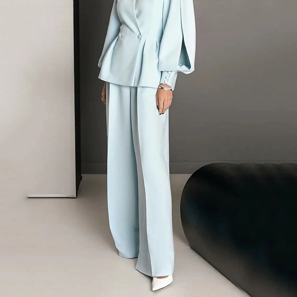 Baby Blue Two-Piece Suits One Button Big Leg Jacket Pants For Women Latest Formal Wedding Party Cloth Top Quality
