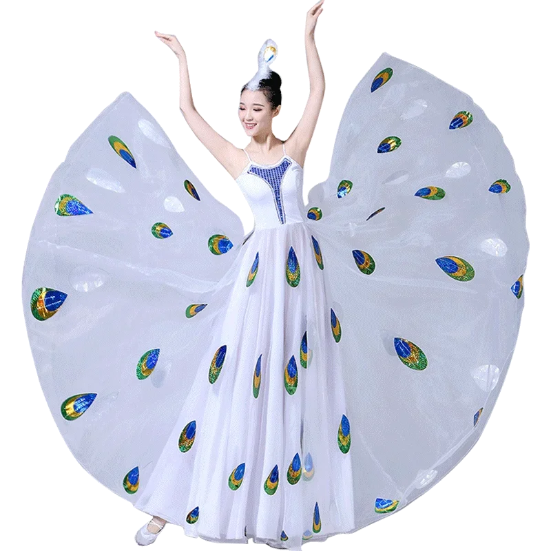 New Peacock Dance Big Swing Skirt Adult Performance Female Sparrow Spirit Yarn White Dai Opening 1 Piece