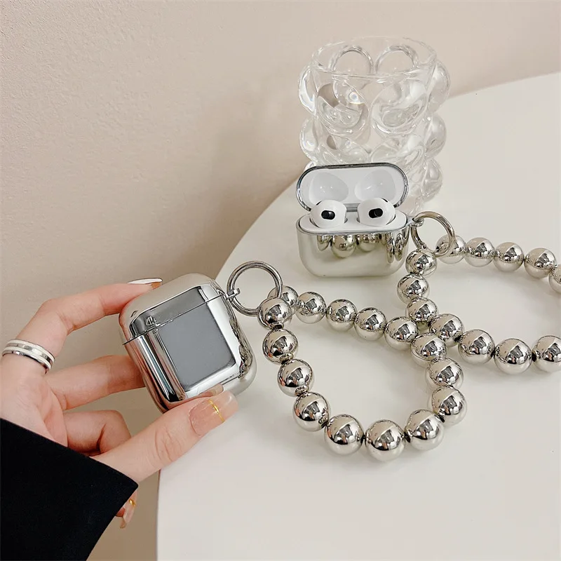 

Silver Electroplated Beads Chains Case for AirPods 1 2 3 Pro Case Cover Bluetooth Earbuds Charging Box Protective Cases