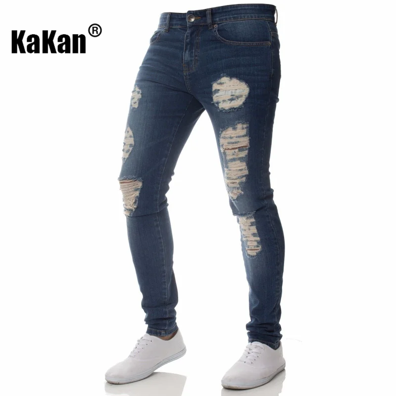 Kakan - European and American Personality Hole Small Foot Tight Men's Jeans, New Blue Versatile Long Jeans K09-082