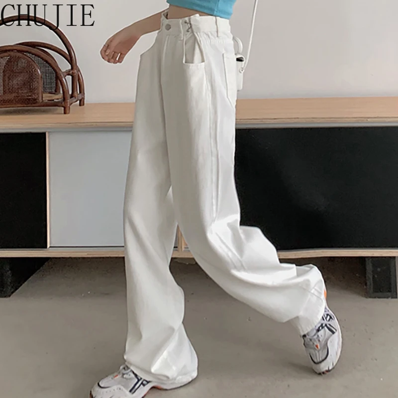 

2022 White Loose High Waist Wide Leg Pants Women's Jeans New Pockets Full Length Long Mopping Pants Female Casual Vaqueros Mujer
