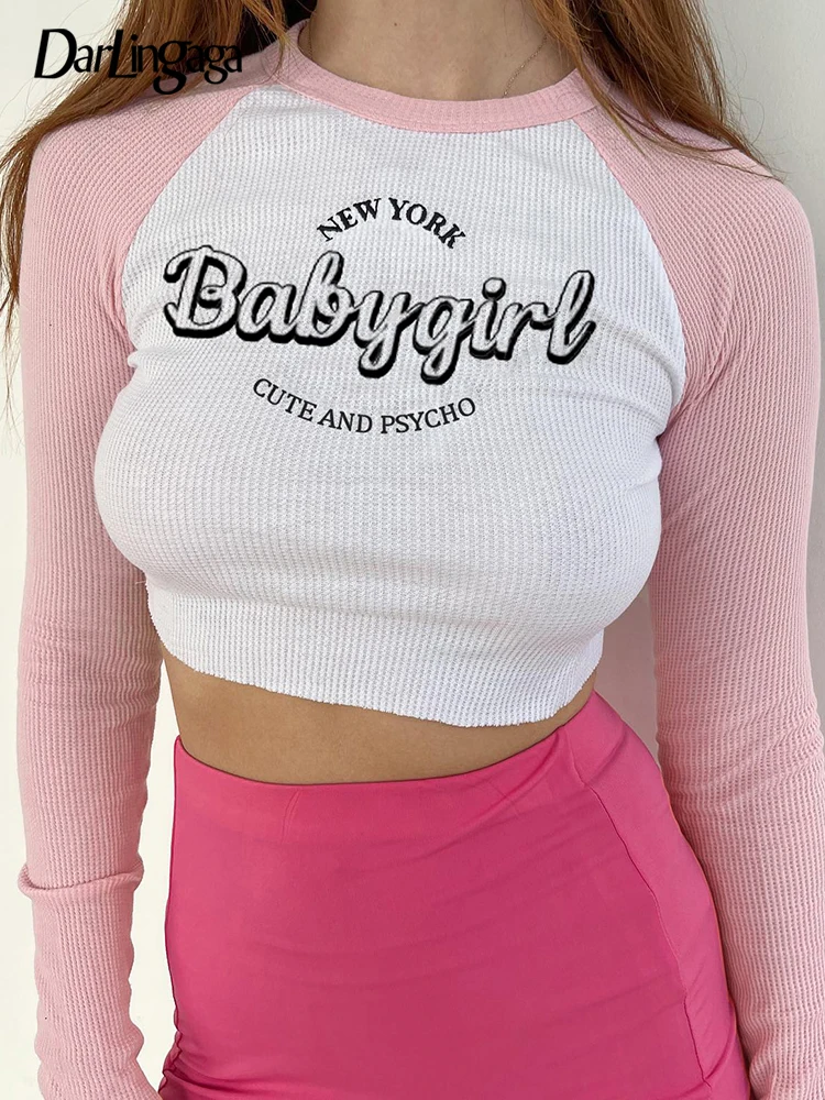 

Darlingaga Cute Korean Clothes Letter Print Bodycon Crop Tops Long Sleeve Tee Shirt Casual Slim Basic T shirt Women Contrast New