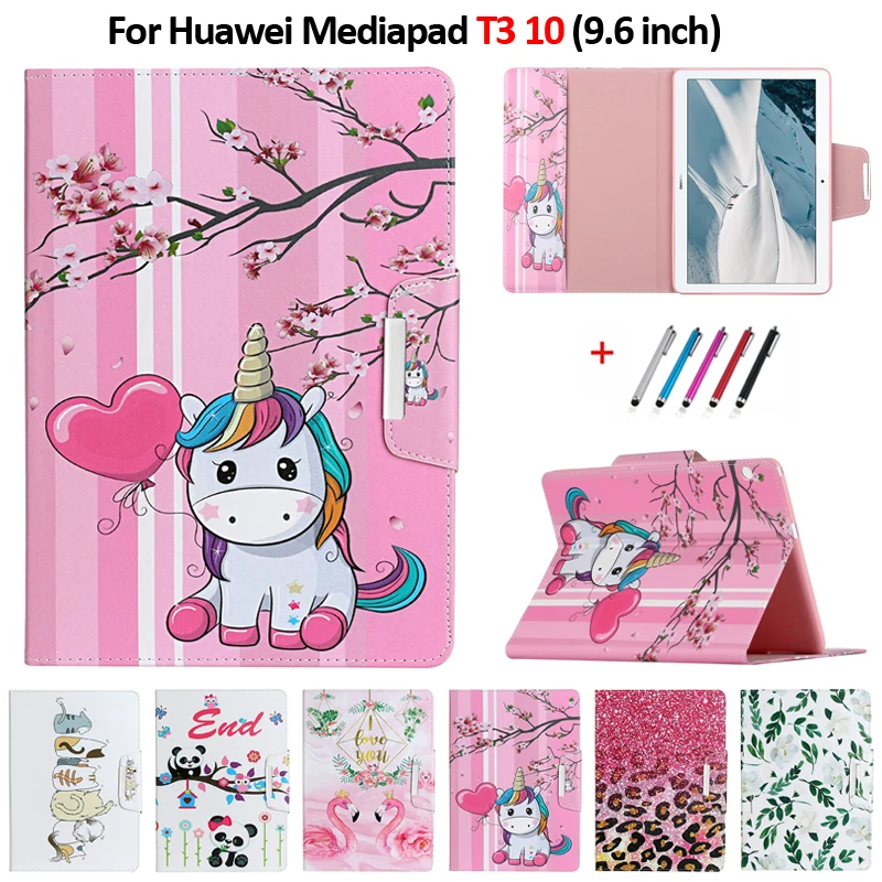 

Cute Unicorn Panda Cat Tablet Cover For Funda Huawei Mediapad T3 10 Case 9.6 Leather Stand Cover For Huawei Mediapad T3 10 Case