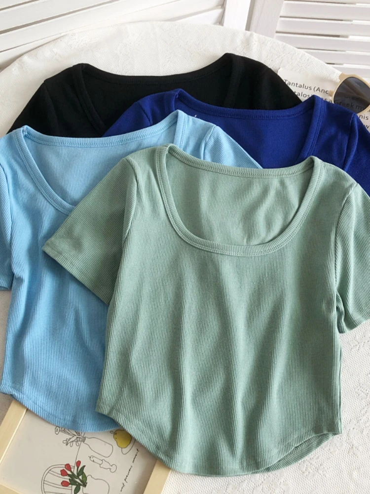 

2022 Summer Cotton Female T-shirt Ladies Casual Slim Hole Leisure Highly Elastic T-Shirt Women Short Sleeve Casual Tops