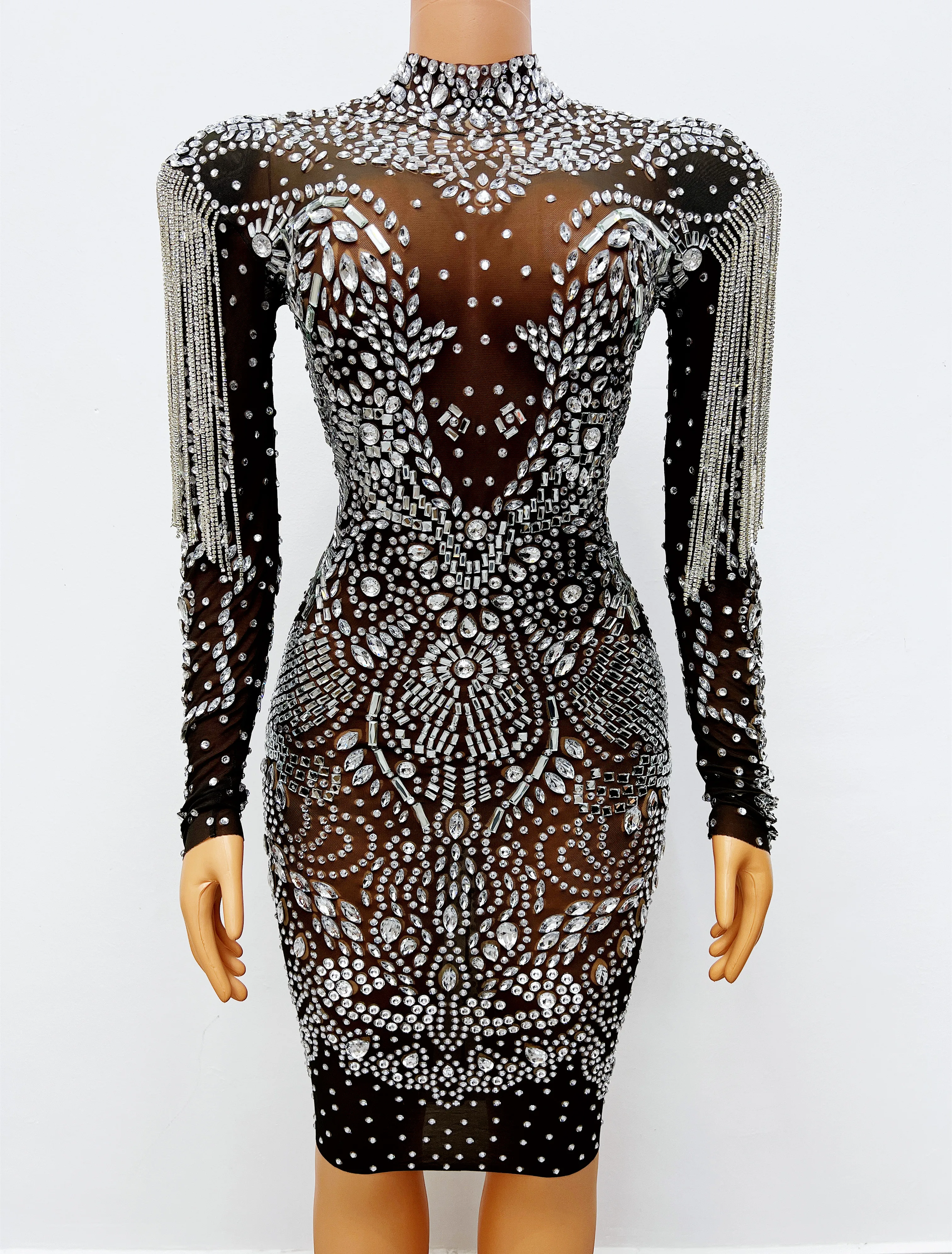 

Черное Сетчатое платье с серебряными кристаллами на цепочке для празднования дня рождения, прозрачное платье, женское вечернее платье для певицы