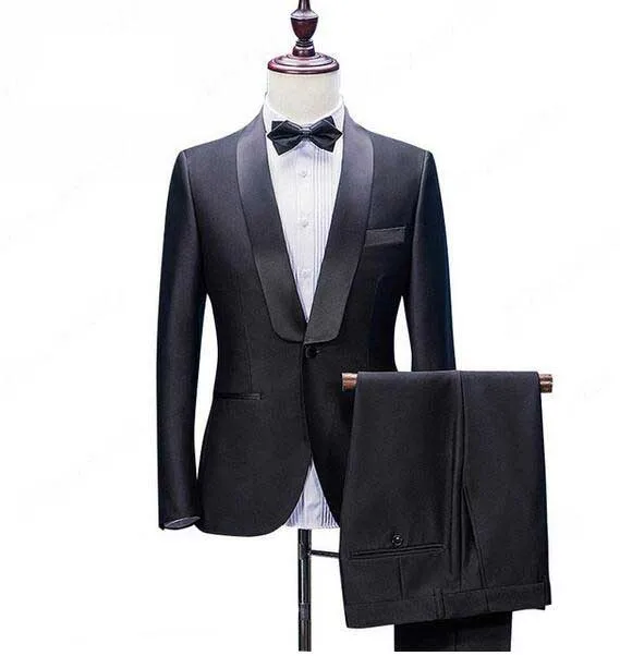 

Men Suit Black 2 Pieces Wedding Suits Shawl Collar 1 Button Formal Business Suit (Jacket+Pants) Groom Tuxedos Custom Made