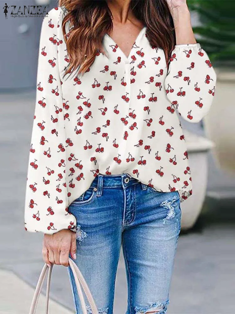 

ZANZEA Streetwear Long Sleeve Blusas V Neck Cherries Print Elegant Fashion Smock Tops Women Holiday Oversized Blouses Shirts