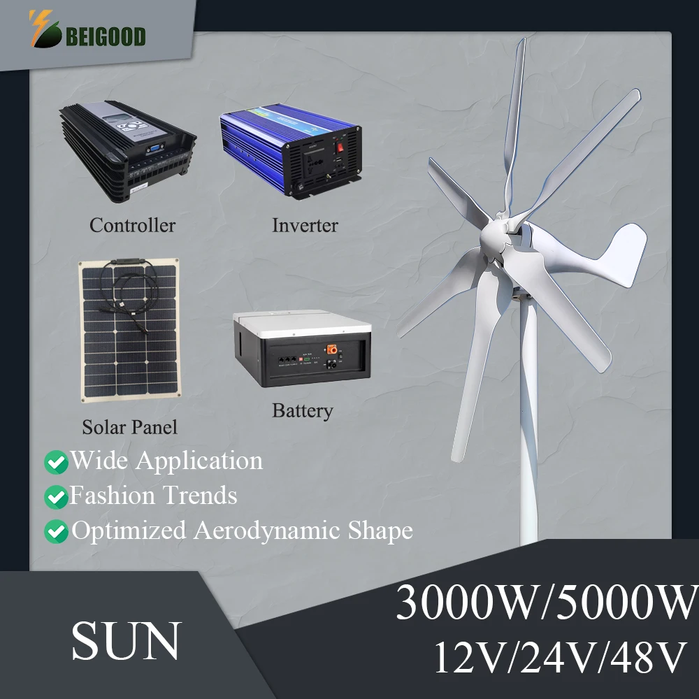 

CE 3000W 5000W New Energy Horizontal Wind Turbine Generator MPPT Controller 12v 24v 48v 6 Blades Small Windmill